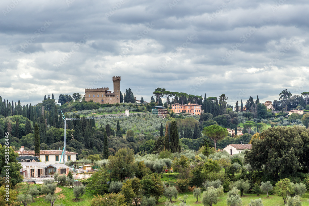 Florence, Italy. View from the Boboli Gardens on the hill of Torre del Gallo with the castle
