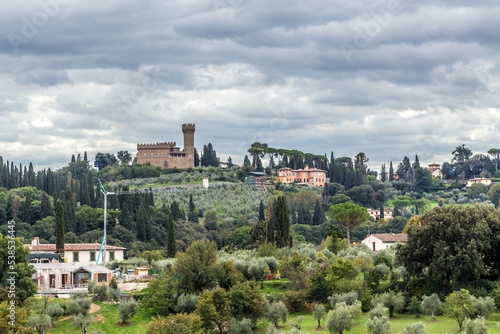 Florence, Italy. View from the Boboli Gardens on the hill of Torre del Gallo with the castle