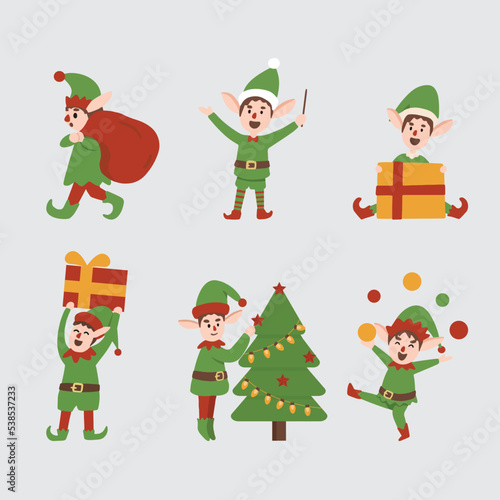 collection of christmas green costume elves isolated on white background. funny and joyful santa helper sending holiday gift and decoration christmas tree. vector illustration