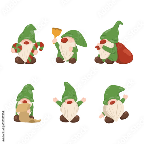 collection of christmas green costume elves isolated on white background. funny and joyful santa helper sending holiday gift and decoration christmas tree. vector illustration