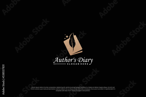 Golden diary book and quill pen logo design.