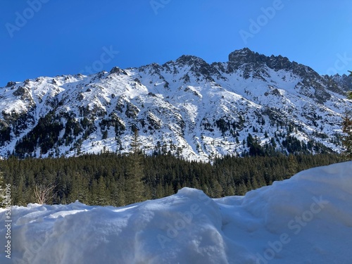 Winter mountains with snow in the winter rocky landscape. Winter nature landscape with mountains, trees, forest, plants and blue sky with clouds and sun. Hiking in the mountain with snowy path. 