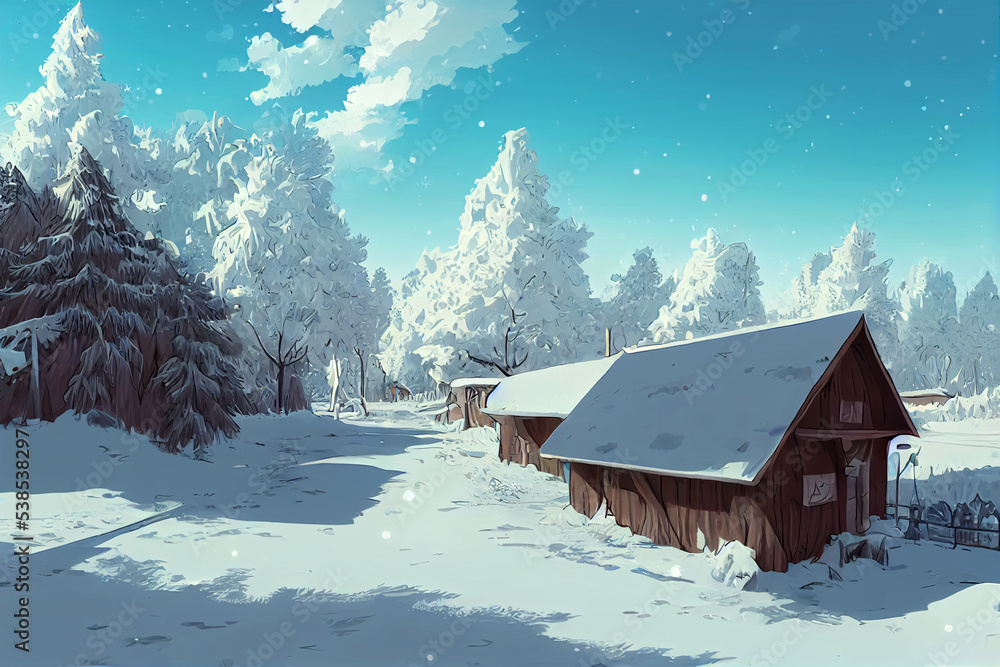 Winter anime landscape with wooden houses for game background 素材庫插圖