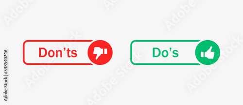 Dos and donts icons in line frame - thumbs up or thumb down. Like or dislike - do's and don'ts frames - true or false - Dos and dont in outline frame