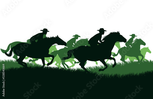 Cowboys ride horses on meadow hills. Picture silhouette. Riders on horseback. Isolated on white background. Vector