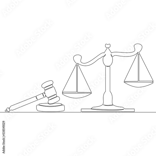 Continuous line drawing Symbol of law Judges gavel and scales icon vector illustration concept