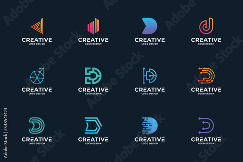 Set of creative letter D logo design template. Modern gradient color logotype.