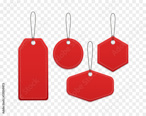 Red blank tags, labels or badges are isolated on white background. Different shape curved ribbons