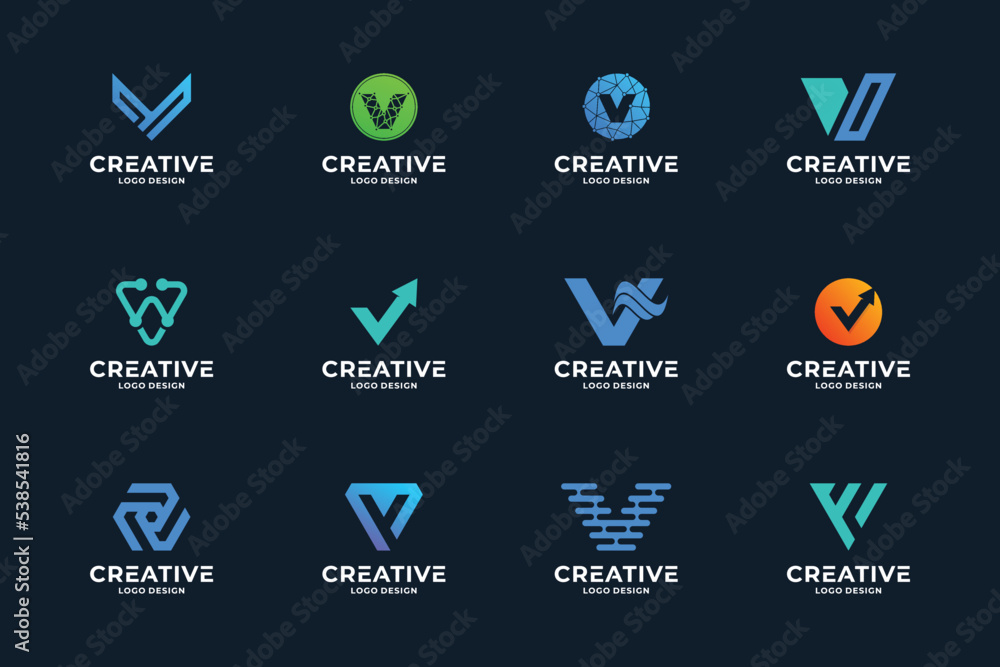 Set of creative letter V logo design template. Modern gradient color logotype. Set of creative letter V logo design template. Modern gradient color logotype.