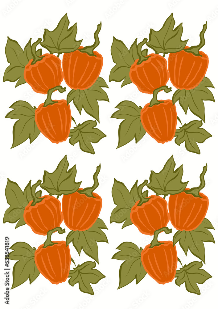 Dynie pomarańczowe z liśćmi, trzy sztuki, rysowane, jesień, pattern, tło, element, powtarzalny,  - obrazy, fototapety, plakaty 