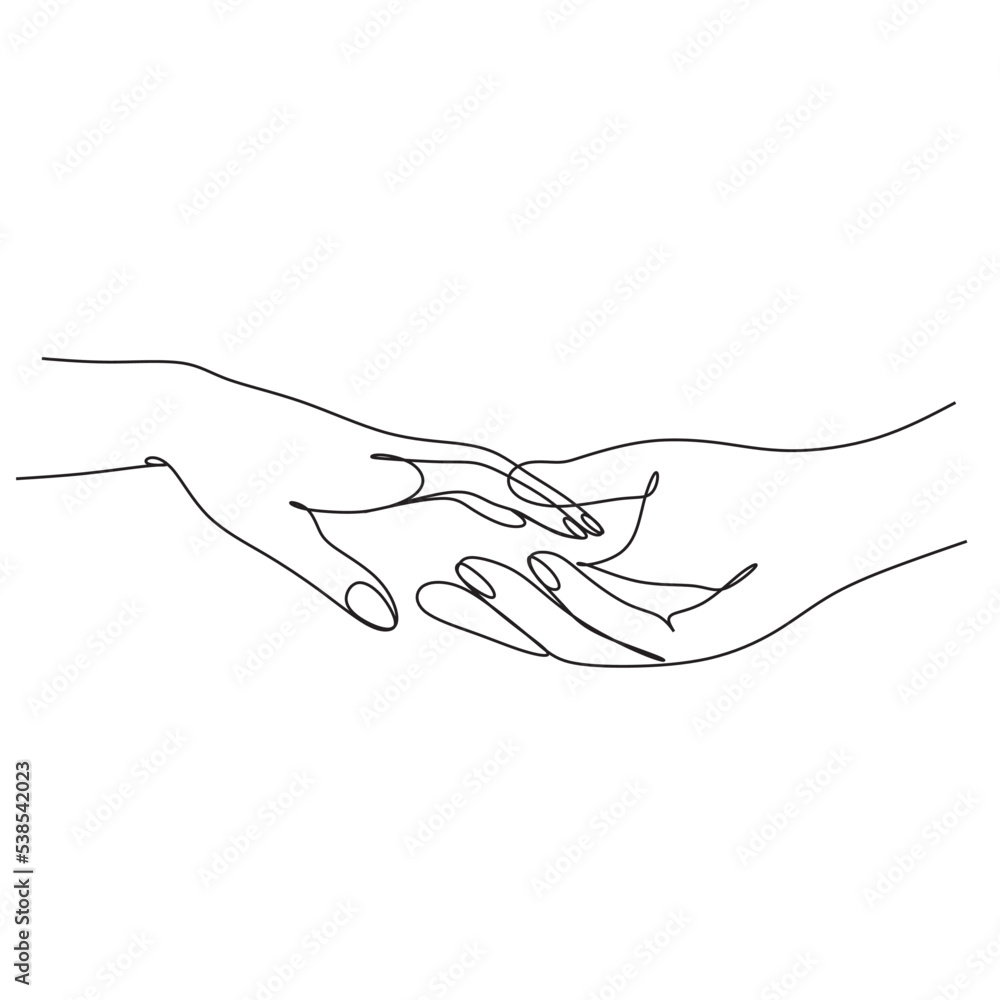 Touch my hand with yours one line ilustration. Two hands. line drawing. one line. infinite line. Vector art.