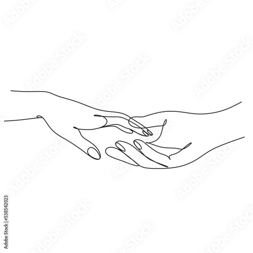 Touch my hand with yours one line ilustration. Two hands. line drawing. one line. infinite line. Vector art.
