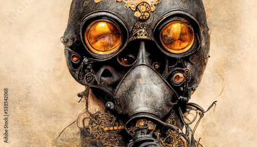 Face of man in an old leather gas mask