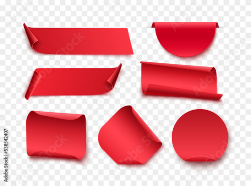 Red blank tags, labels or badges are isolated on white background. Different shape curved ribbons photo