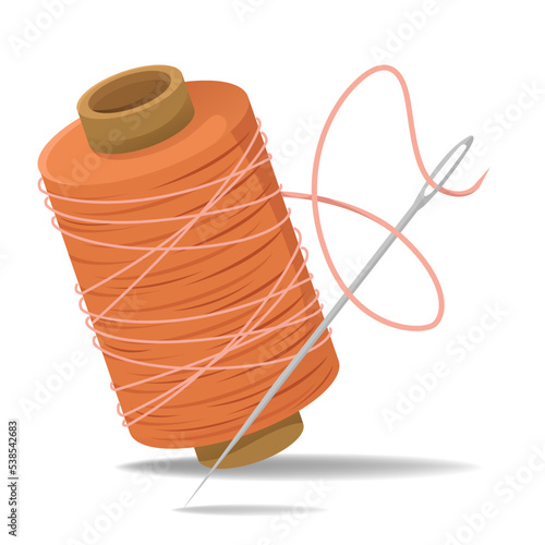 Vector illustration of a spool of orange thread and a sewing needle.