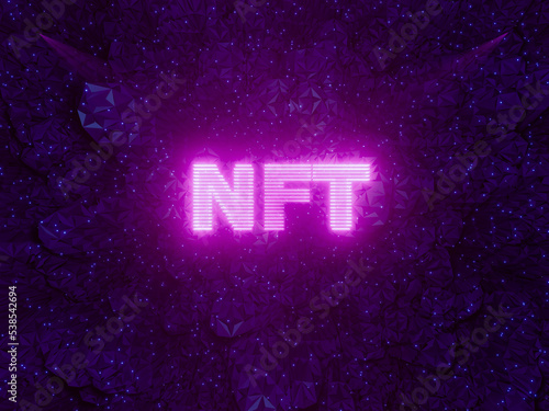 NFT text with hologram effect pink color on sci fi background. Non fungible token concept. Metaverse vr world. 3D rendering illustration.