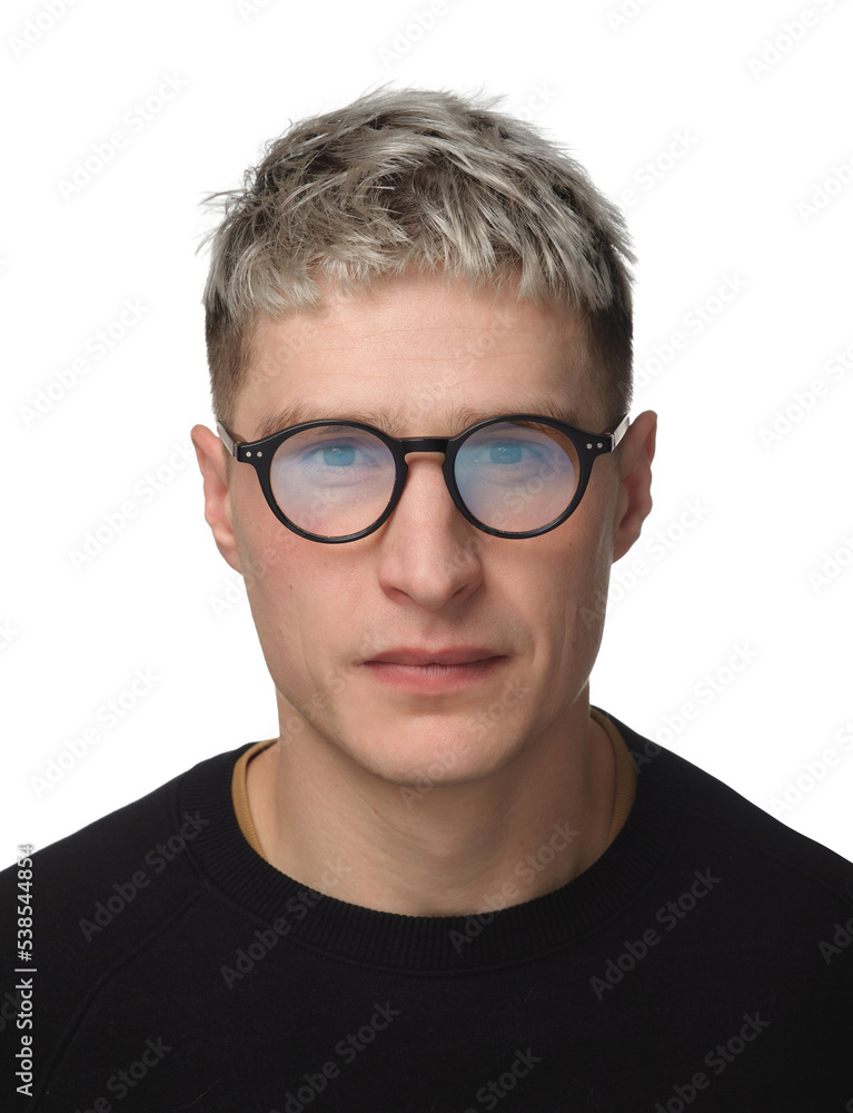 
portrait of a guy 25 years old with blond dyed hair and glasses and a black sweater on a white background