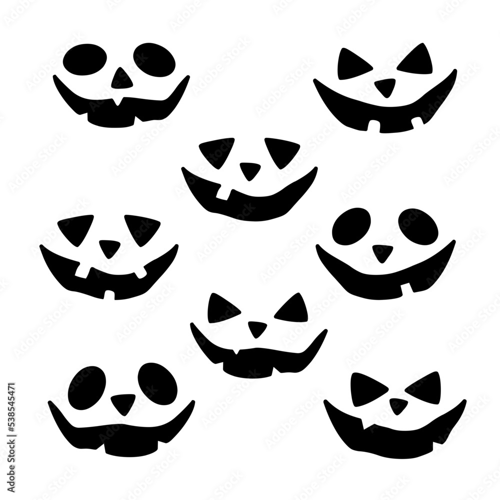 Set of scary and funny faces of Halloween pumpkins. Vector illustration. Set of scary and funny faces of Halloween pumpkins. Vector illustration.