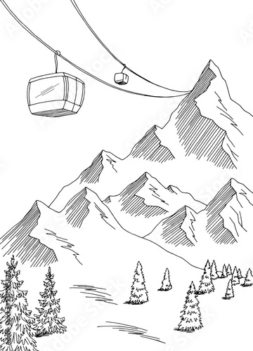 Cable car graphic mountain black white landscape sketch vertical illustration vector 