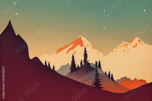 Unbelievable mountain landscape. modern illustration concept. exciting view. a great mountains are surrounded river. camping. outdoor recreation. sunset. photo