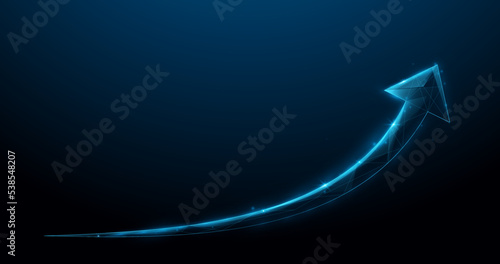 Blue arrow up made from lines, triangles, low polygons, and particle style. Vector illustration