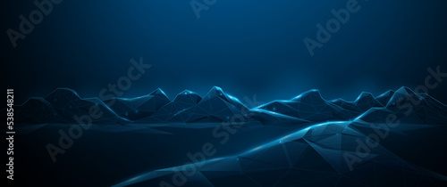 Blue country road and mountain landscape with lines, low polygons, and wireframe. Vector illustration photo