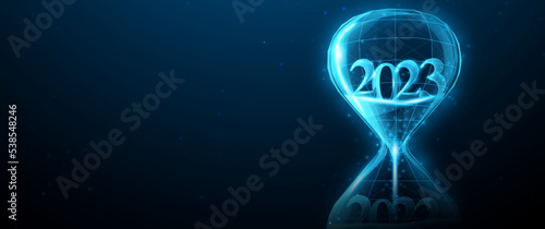Happy New Year. 2023 with hourglass falling sand made from lines, triangles, low polygons, and particle style. Vector illustration