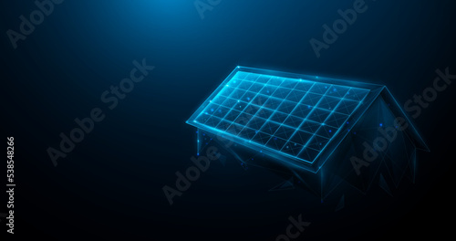 Solar panels on a roof are made from lines, triangles, low polygons, and particle style. Vector illustration