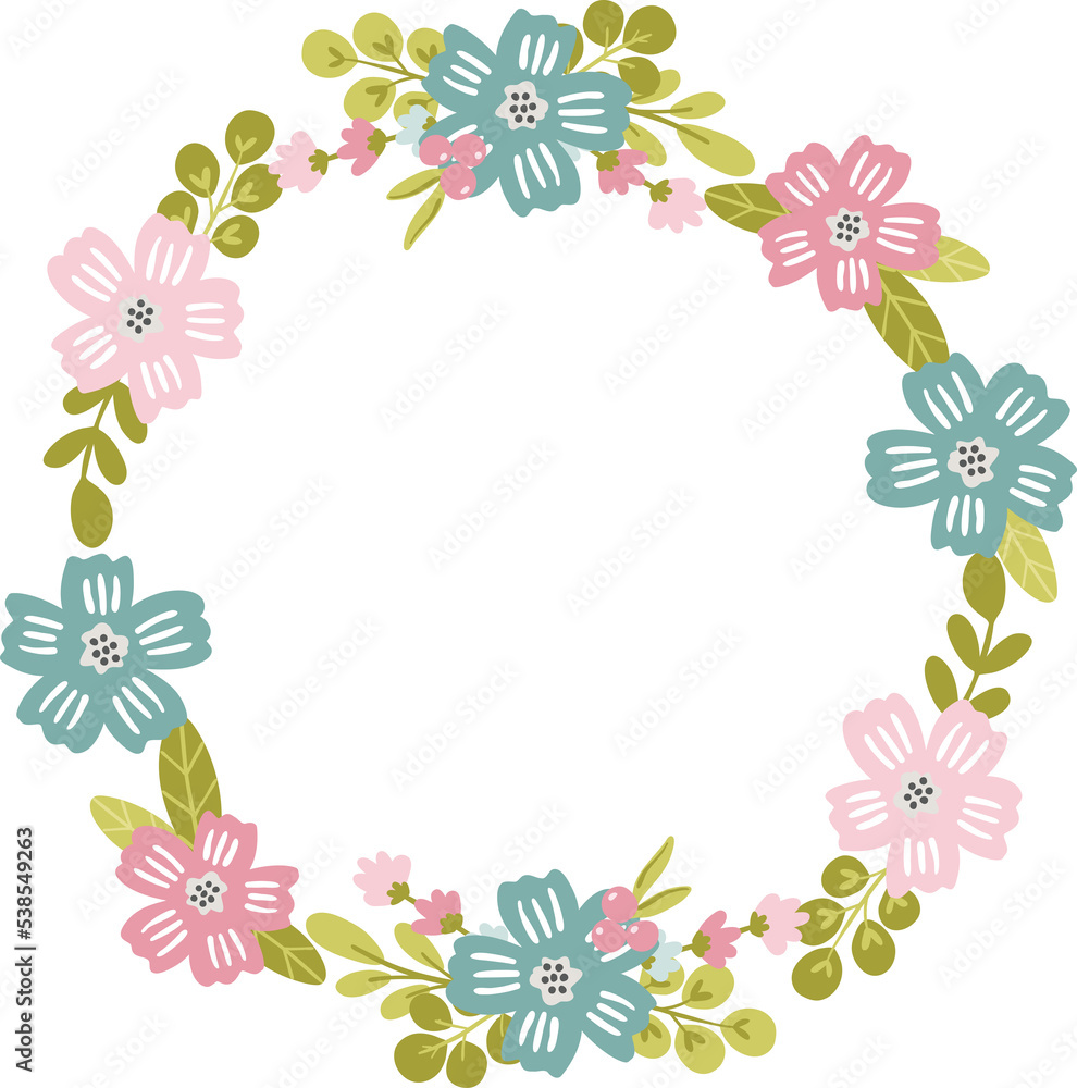Floral hand drawn wreath, cute floral frame for kids and nursery design Floral hand drawn wreath, cute floral frame for kids and nursery design