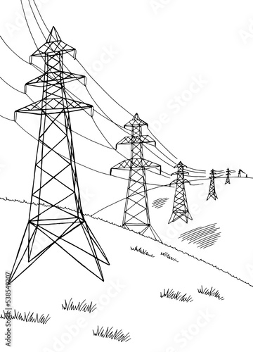 Power line graphic black white landscape sketch vertical illustration vector 