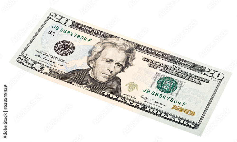 The 20 dollars banknote macro. Stacked photo. The 20 dollars banknote macro. Stacked photo.