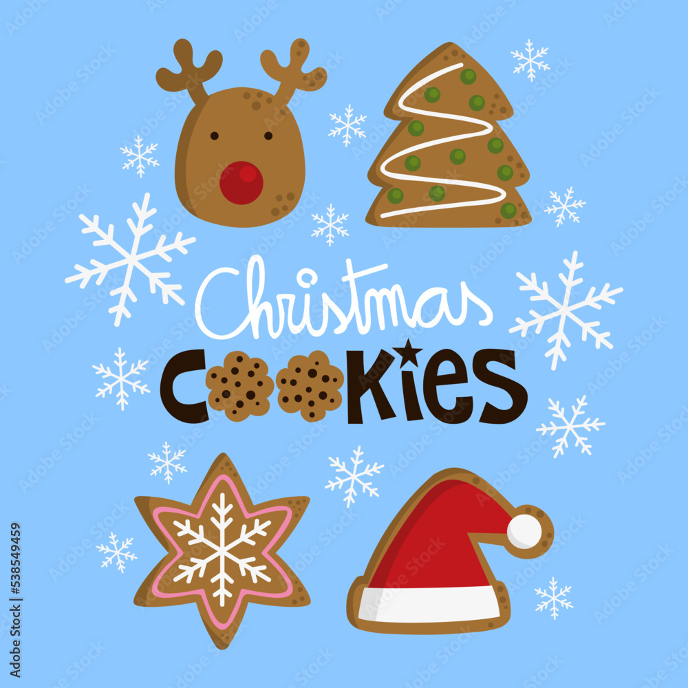 Illustration of a four gingerbread cookies with Christmas shapes and handmade letters Illustration of a four gingerbread cookies with Christmas shapes and handmade letters