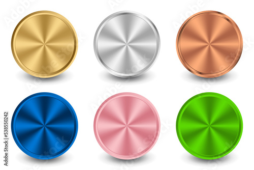Collection of gold, silver, bronze, blue metal, pink metal, and green metal radial metallic gradient. Plates with gold, silver, bronze metallic effect. Vector illustration