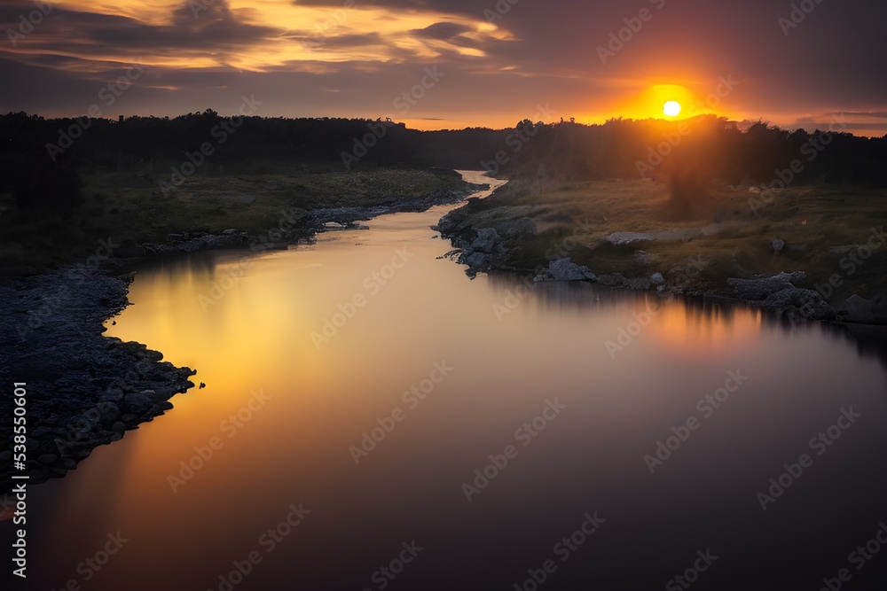 Obraz premium A beautiful and tranquil sunset over a river. 