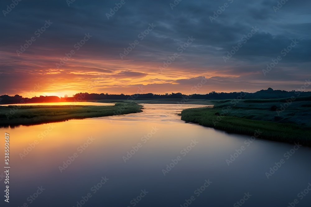 A beautiful and tranquil sunset over a river. 