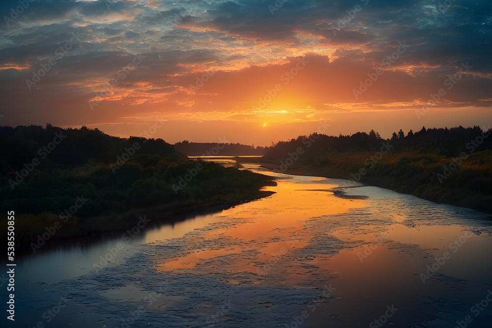 A beautiful and tranquil sunset over a river. 