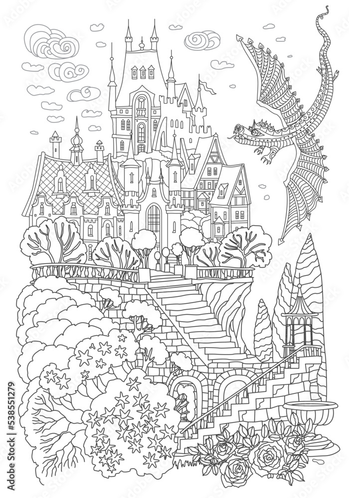 Fantasy landscape with flying dragon. Fairy tale castle on a hill, stone staircase, garden roses. Black and White Coloring book page 