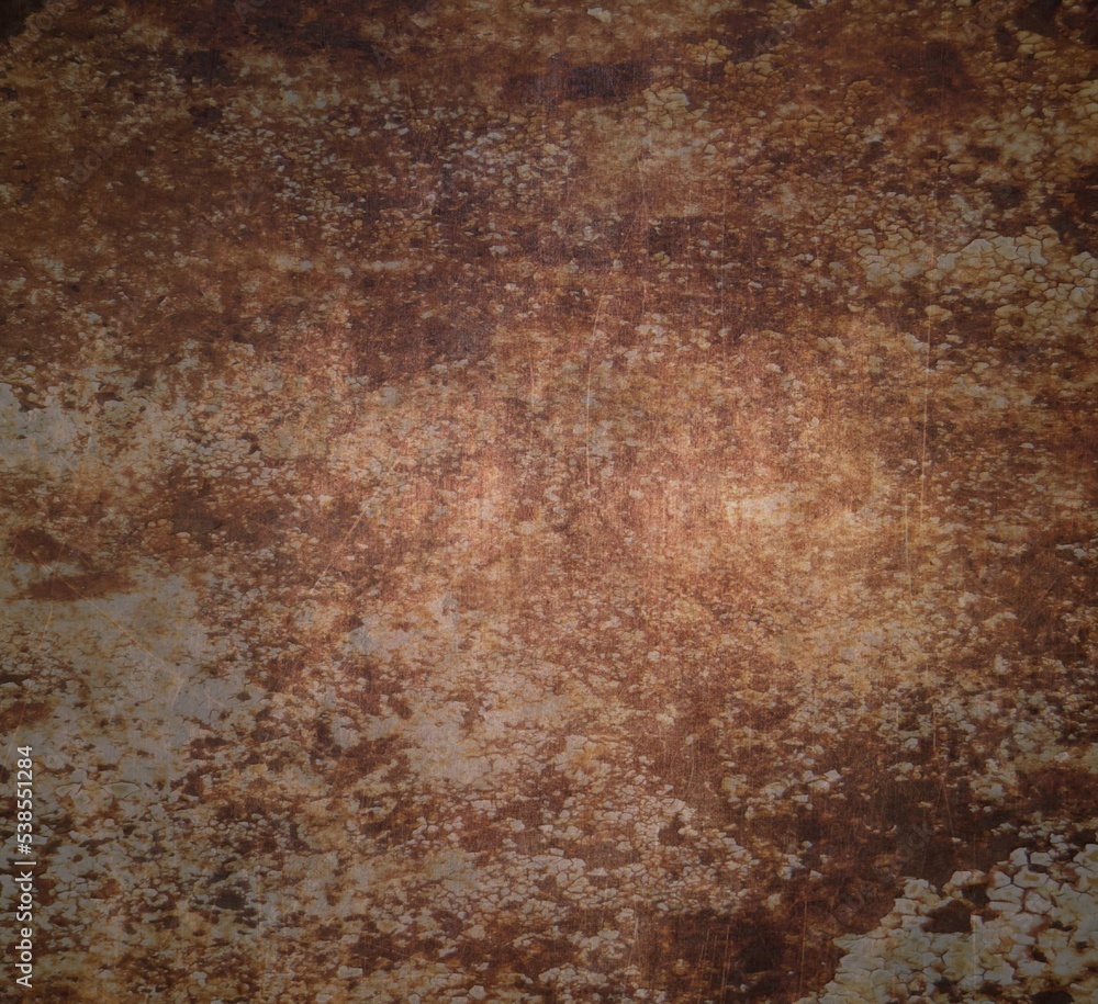 Fondo abstracto  con textura de superficie oxidada y suave degradado de luz en marrones y piedra