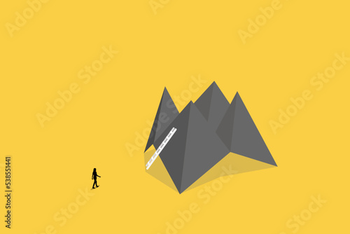 Business woman walk to origami paper. Symbol of ambition, business opportunities, motivation, Career success and visionary leadership.