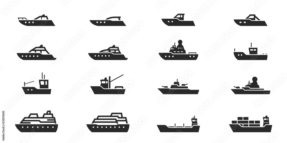 ship and boat icon set. water transport symbol. vessels for travel and transportation. isolated vector image - obrazy, fototapety, plakaty 