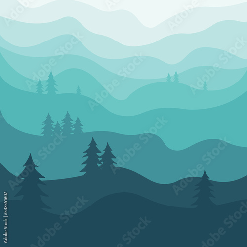 Vector illustration of abstract mountainous area and pine forest in dark blue tone