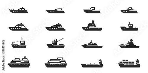 ship and boat icon set. water transport symbol. vessels for travel and transportation. isolated vector image photo