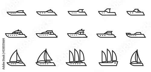 motor and sailing yachts and boats line icon set. vessels for sea travel, tourism and vacation