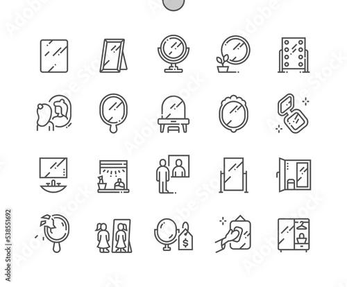 Mirror. Self reflection. Various mirrors - round, makeup, full length, bathroom interior. Furniture store. Pixel Perfect Vector Thin Line Icons. Simple Minimal Pictogram