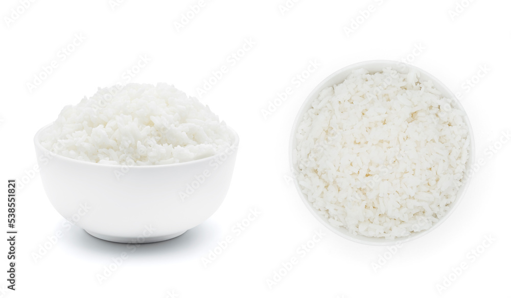 Cooked rice in ceramic white bowl isolated on white background Cooked rice in ceramic white bowl isolated on white background