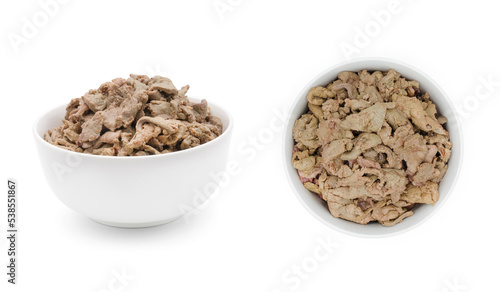 Beef livers in ceramic white bowl isolated on white background