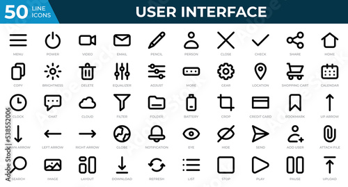 Set of 50 User Interface icons in line style. Menu, calendar, clock. Outline icons collection. Vector illustration