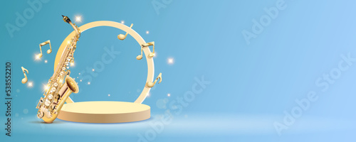 Banner for jazz music with saxophone group of notes and glitter on blue background