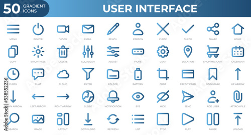 Set of 50 User Interface icons in gradient style. Menu, calendar, clock. Gradient icons collection. Vector illustration