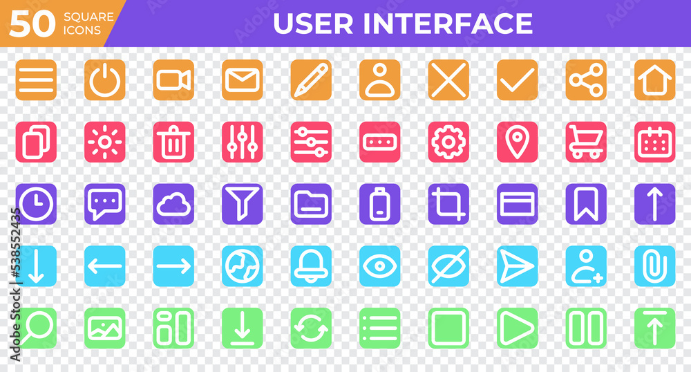 Set of 50 User Interface icons in square style. Menu, calendar, clock. Square icons collection. Vector illustration Set of 50 User Interface icons in square style. Menu, calendar, clock. Square icons collection. Vector illustration